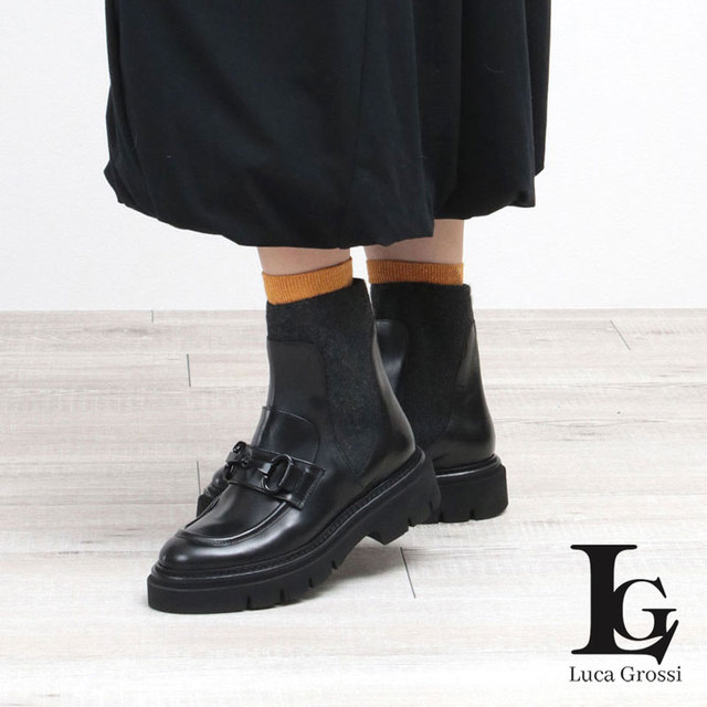 LUCAGROSSI ルカグロッシ ミドルブーツ ビット付き ソックスブーツ ブラック メイン画像