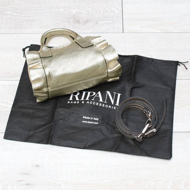 RIPANI リパーニ フリル バッグ 2WAY メタリック Sサイズ レザー 斜めがけ 本革 可愛い 牛革 シュリンク 小さい 8609OL 底面 ショルダー ストラップ 保存袋