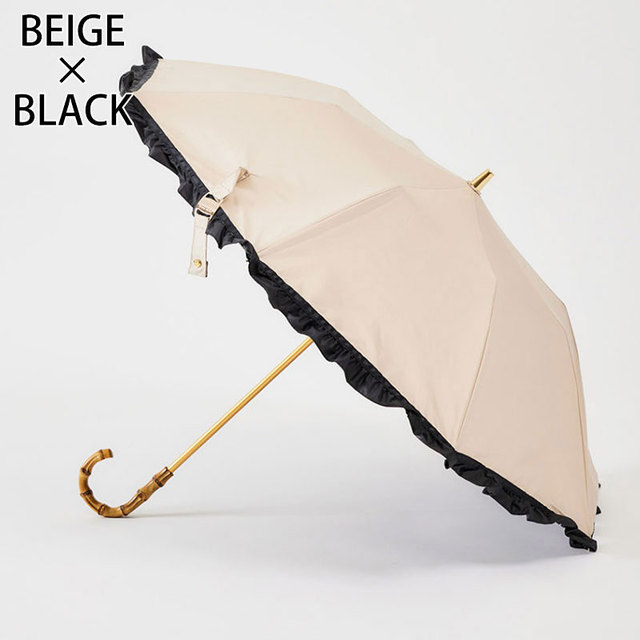 アシーナニューヨーク 折り畳み傘 日傘 フリル バンブーハンドル リボン 上品 大人 晴雨兼用 ベージュxブラック