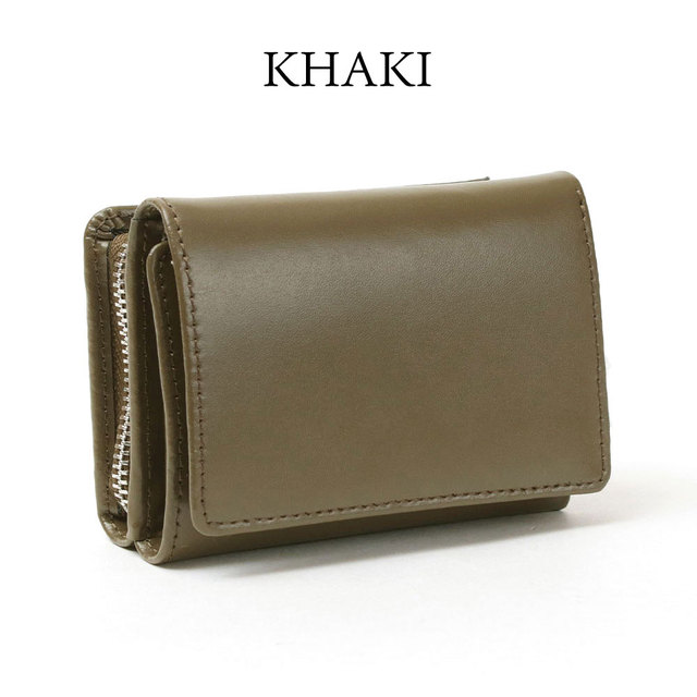 YAHKI ヤーキ 三つ折 財布 YH-207 小さい 艶感 床革 シンプル 折財布 おしゃれ カーキ