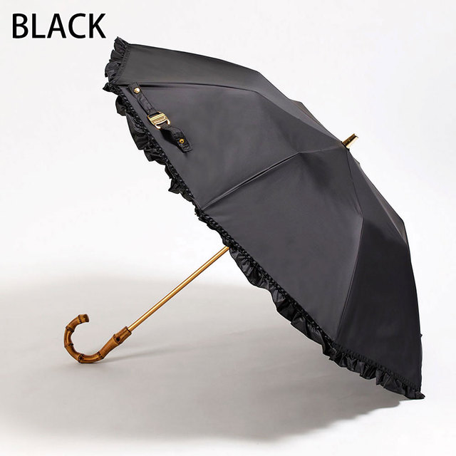 アシーナニューヨーク 折り畳み傘 日傘 フリル バンブーハンドル リボン 上品 大人 晴雨兼用 ブラック