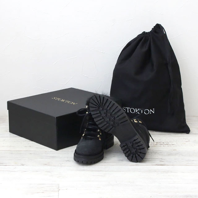 STOKTON　ストックトン　ファー　付き　レザー　ショート　ブーツ　BLACK　ブラック　底面　箱　BOX　保存袋
