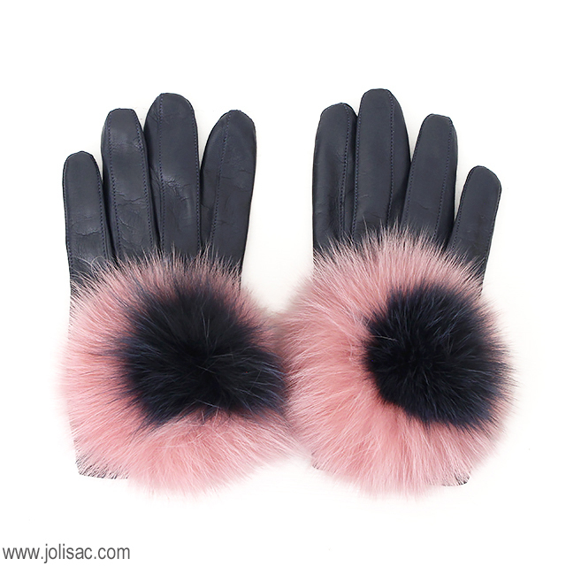 MAISON FABRE　メゾンファーブル　POMPON FUR　FOX　フォックス　ファー　付き　ショート　グローブ　手袋　グッズ　NAVY　ネイビー　PINK　ピンク　サイズ